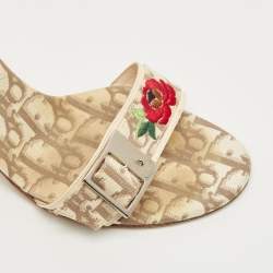 Pre Owned Dior Beige Coated Canvas Flower Embroidered Slide Sandals Size 37