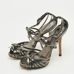 Pre Owned Dior Dark Grey Leather Strappy Bow Platform Sandals Size 36