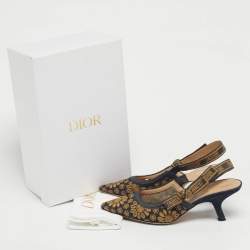 Pre Owned Dior Navy Blue/Yellow Embroidered Canvas J'Adior Slingback Pumps Size 38