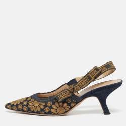 Pre Owned Dior Navy Blue/Yellow Embroidered Canvas J'Adior Slingback Pumps Size 38