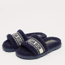 Pre Owned Dior Navy Blue Shearling Dway Flat Slides Size 36