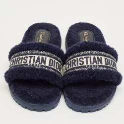 Pre Owned Dior Navy Blue Shearling Dway Flat Slides Size 36