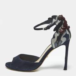 Pre Owned Dior Navy Blue/Black Leather and Suede Ankle Strap Sandals Size 38