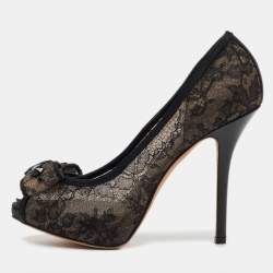 Pre Owned Dior Black Mesh and Fabric Bow Peep Toe Platform Pumps Size 37.5