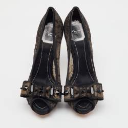 Pre Owned Dior Black Mesh and Fabric Bow Peep Toe Platform Pumps Size 37.5