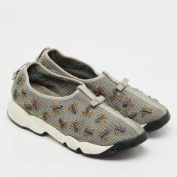 Pre Owned Dior Grey Mesh Fusion Bee Embroidered Slip On Sneakers Size 40