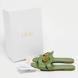 Pre Owned Dior Green Leather 30 Montaigne Flat Sandals Size 38.5