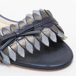 Pre Owned Dior Metallic Blue Leather Cut Out Flat Slide Sandals Size 37