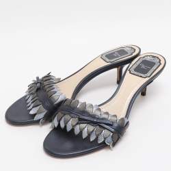 Pre Owned Dior Metallic Blue Leather Cut Out Flat Slide Sandals Size 37