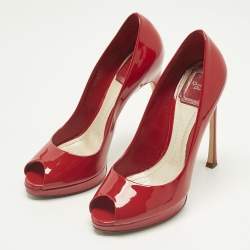 Pre Owned Dior Red Patent Leather Miss Dior Peep Toe Pumps Size 38