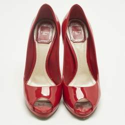 Pre Owned Dior Red Patent Leather Miss Dior Peep Toe Pumps Size 38
