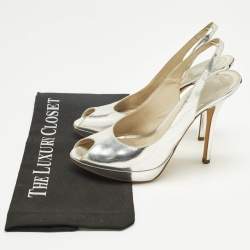 Pre Owned Dior Silver Patent Leather Peep Toe Slingback Pumps Size 38