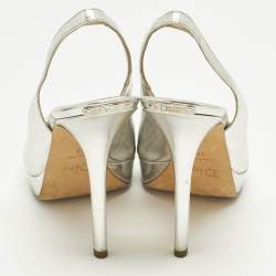 Pre Owned Dior Silver Patent Leather Peep Toe Slingback Pumps Size 38