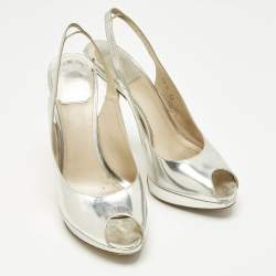 Pre Owned Dior Silver Patent Leather Peep Toe Slingback Pumps Size 38