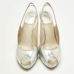 Pre Owned Dior Silver Patent Leather Peep Toe Slingback Pumps Size 38
