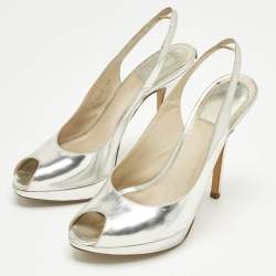 Pre Owned Dior Silver Patent Leather Peep Toe Slingback Pumps Size 38