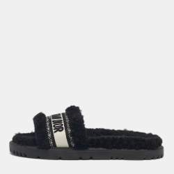 Pre Owned Dior Black/White Shearling Fur Dway Flat Slide Sandals Size 38.5