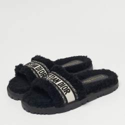 Pre Owned Dior Black/White Shearling Fur Dway Flat Slide Sandals Size 38.5