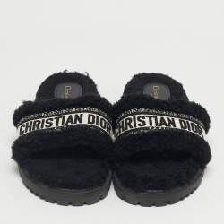 Pre Owned Dior Black/White Shearling Fur Dway Flat Slide Sandals Size 38.5