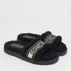 Pre Owned Dior Black/White Shearling Fur Dway Flat Slide Sandals Size 38.5