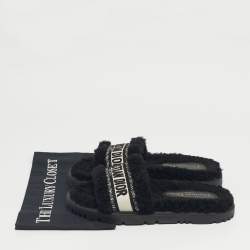 Pre Owned Dior Black/White Shearling Fur Dway Flat Slide Sandals Size 38.5