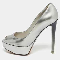 Pre Owned Dior Silver Patent Leather Miss Dior Peep Toe Pumps Size 35