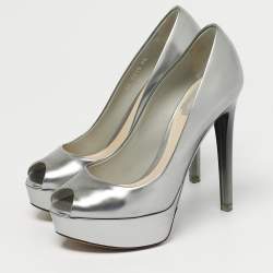 Pre Owned Dior Silver Patent Leather Miss Dior Peep Toe Pumps Size 35