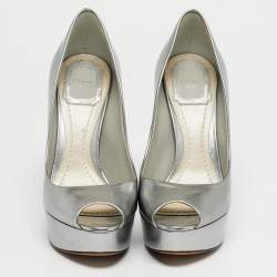 Pre Owned Dior Silver Patent Leather Miss Dior Peep Toe Pumps Size 35