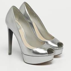 Pre Owned Dior Silver Patent Leather Miss Dior Peep Toe Pumps Size 35