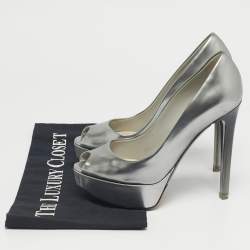 Pre Owned Dior Silver Patent Leather Miss Dior Peep Toe Pumps Size 35