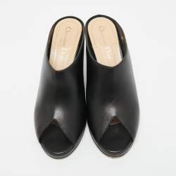 Pre Owned Dior Black Leather Peep Toe Wedge Slide Sandals Size 38