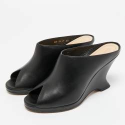 Pre Owned Dior Black Leather Peep Toe Wedge Slide Sandals Size 38