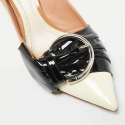 Pre Owned حذاء كعب عالي ديور مقدمة مدببة جلد لامع بيج/أسود فيونكة مشبك مقاس 37.5