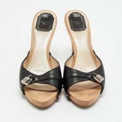 Pre Owned حذاء مولز ديور خشبي مقدمة مفتوحة جلد أسود مقاس 37.5