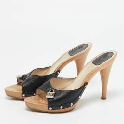 Pre Owned حذاء مولز ديور خشبي مقدمة مفتوحة جلد أسود مقاس 37.5