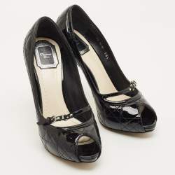 Pre Owned Dior Size 38.5 Black Quilted Cannage Patent Leather Peep Toe Pumps