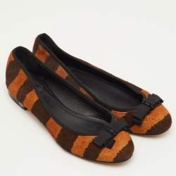 Pre Owned Dior Size 38.5 Brown Calf Hair Striped Bow Ballet Flats
