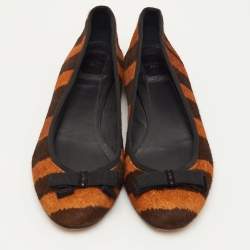 Pre Owned Dior Size 38.5 Brown Calf Hair Striped Bow Ballet Flats