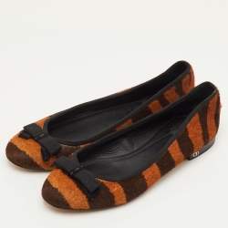 Pre Owned Dior Size 38.5 Brown Calf Hair Striped Bow Ballet Flats