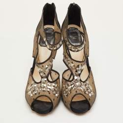 Pre Owned Dior Size 39.5 Black Mesh and Satin Cut Out Crystal Embellished Peep Toe Sandals