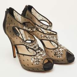 Pre Owned Dior Size 39.5 Black Mesh and Satin Cut Out Crystal Embellished Peep Toe Sandals
