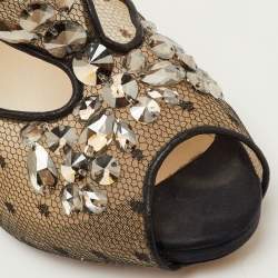 Pre Owned Dior Size 39.5 Black Mesh and Satin Cut Out Crystal Embellished Peep Toe Sandals
