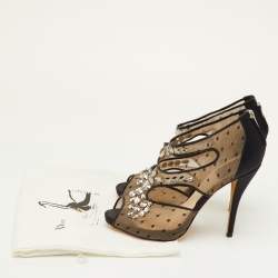 Pre Owned Dior Size 39.5 Black Mesh and Satin Cut Out Crystal Embellished Peep Toe Sandals
