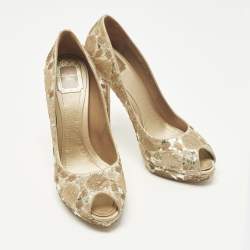 Pre Owned Christian Dior Size 40 Beige Sequins Peep Toe Pumps
