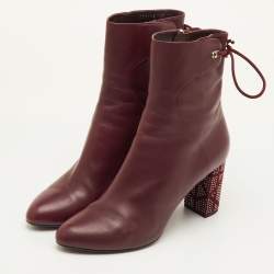 Pre Owned Dior Size 40 Burgundy Leather Studded Cannage Block Heel Ankle Length Boots