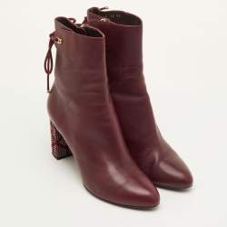 Pre Owned Dior Size 40 Burgundy Leather Studded Cannage Block Heel Ankle Length Boots