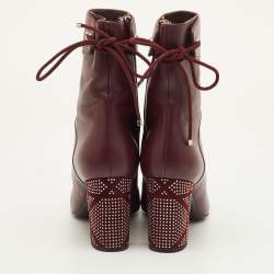 Pre Owned Dior Size 40 Burgundy Leather Studded Cannage Block Heel Ankle Length Boots
