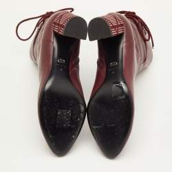Pre Owned Dior Size 40 Burgundy Leather Studded Cannage Block Heel Ankle Length Boots