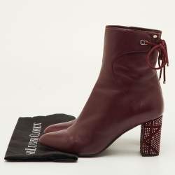 Pre Owned Dior Size 40 Burgundy Leather Studded Cannage Block Heel Ankle Length Boots