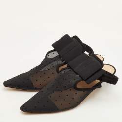 مملوكة مسبقًا حذاء ديور مسطح ظهر مفتوح شبكة سوداء وزخرفة شامواه مرقط وربطة مقاس 40